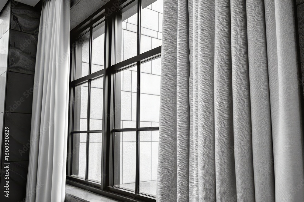 Poster elegant white curtains frame a large window, allowing soft natural light to filter into the space, c