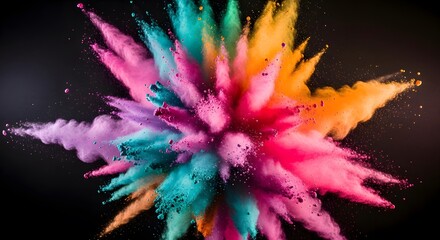 Colorful powder explosion on black background. Abstract vibrant burst of pigment in rainbow hues.