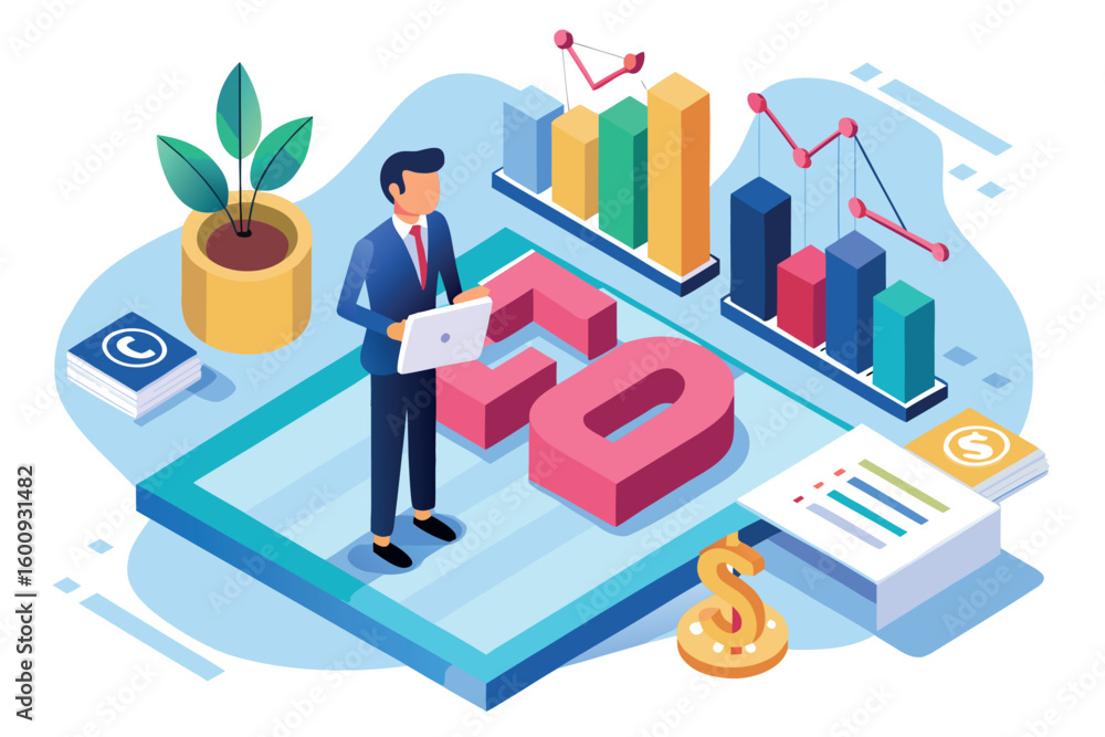 Poster businessman analyzing financial data using a laptop in a modern office setup with charts and graphs