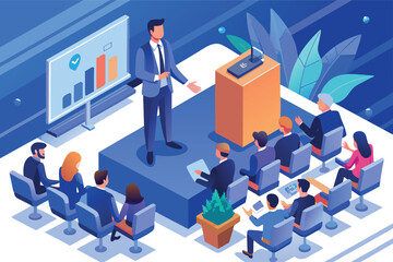Business presentation event showcasing speaker engaging with audience at a conference in a modern setting