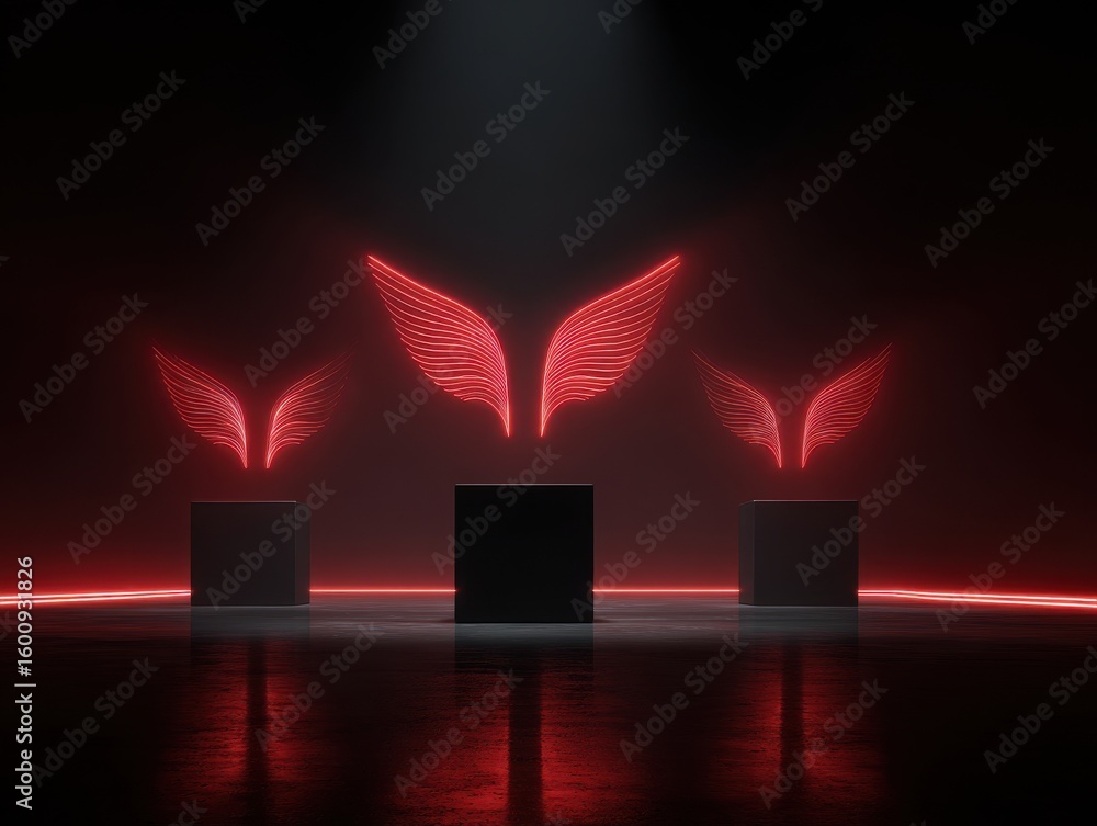 Poster a dark background with two red glowing lines in the shape of wings on each side, creating an atmosph