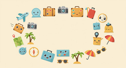 Fototapeta premium Cartoon travel icons form an oval, filled with suitcases, cameras, beach items and maps, perfect for ads!