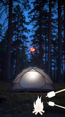 Illuminated tent nestled in a forest at night, with a red moon, campfire, and marshmallows roasting, creating a magical camping scene
