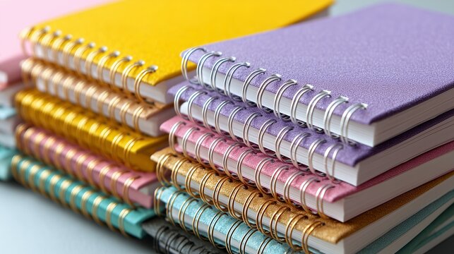 Colorful collection of spiral notebooks stacked on a table for creative writing and note-taking