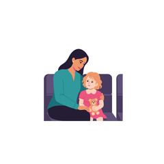 Caring mother offers gentle comfort and emotional support to her sad little child holding a teddy bear on a bench