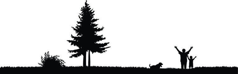 Silhouette of family and dog enjoying outdoor nature walk near pine tree and bush on grassy field under clear sky