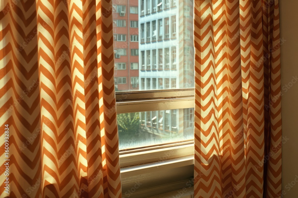 Poster bright room featuring stylish orange chevron curtains framing a window with a view of urban building