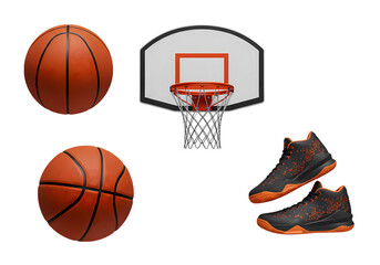 Fototapeta premium Basketball Gear: Balls, Hoop, and Shoes – Perfect for the Court Isolated on White Background