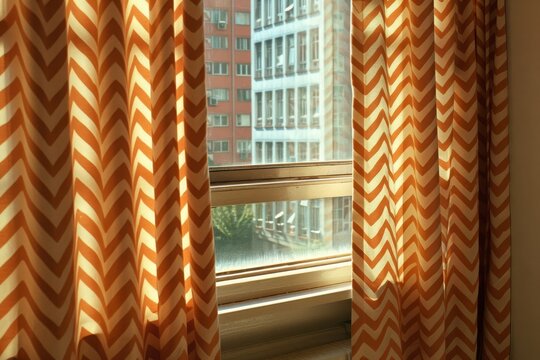 Fototapeta Bright room featuring stylish orange chevron curtains framing a window with a view of urban buildings, creating a warm and inviting atmosphere.