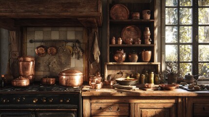 Vintage-style kitchen with rustic wooden cabinets and copper cookware bathed in warm afternoon sunlight