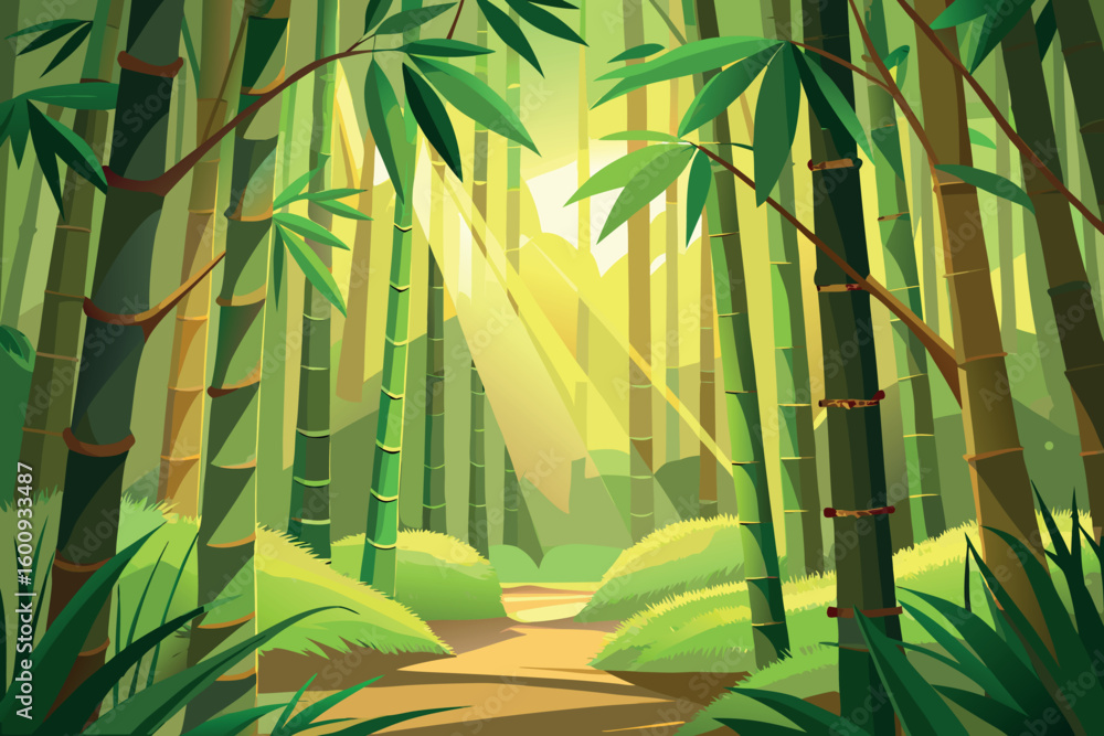 Poster light filters through a serene bamboo forest creating a tranquil atmosphere in nature