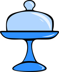 Vector illustration colourful. Cake stand. Tray with cap in blue. Black outline. Illustration for bakery, cafe, menu, branding