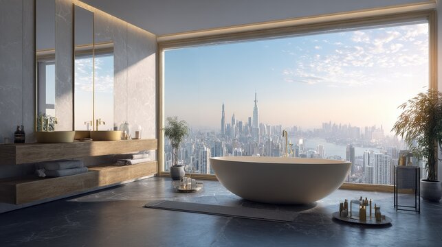 Luxury bathroom with decorative objects and panoramic city viwe. Style and hygiene concept. 3D Rendering, no logos, no brands