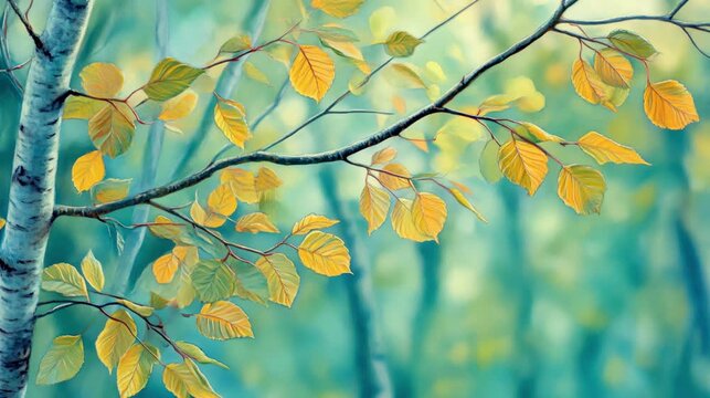 Golden autumn leaves gently swaying on slender branches in soft breeze, serene forest background with blurred trees and glowing light. seasonal ads, wellness, or relaxation themes.