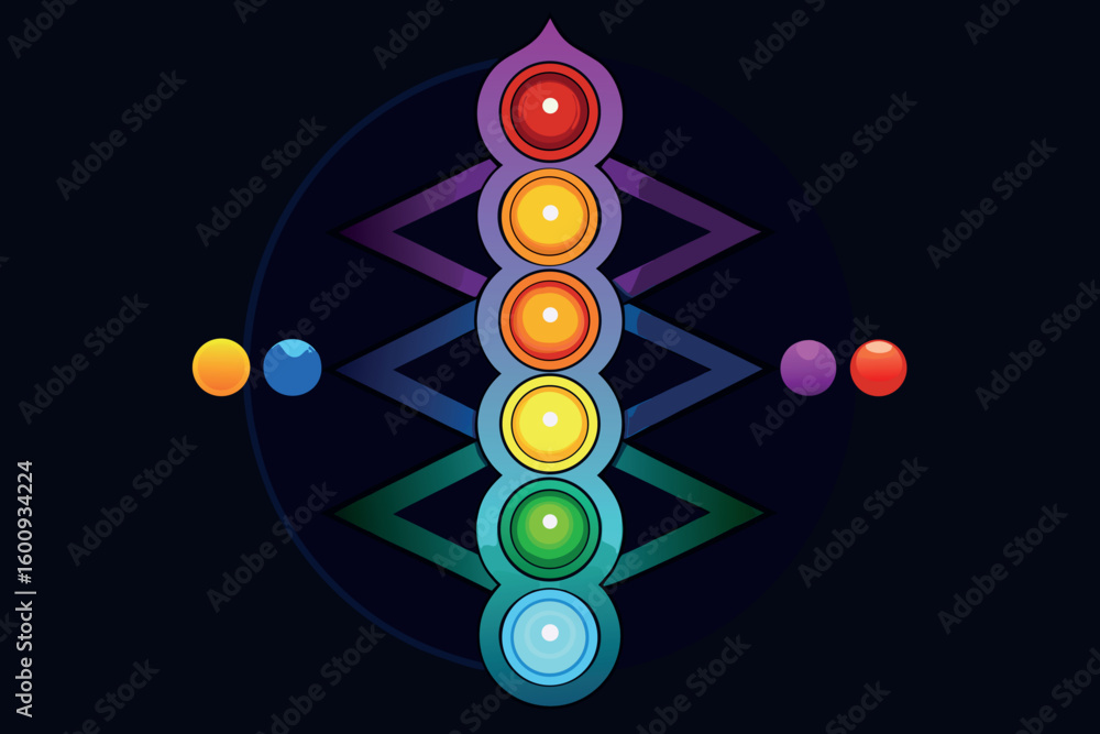Poster colorful chakra symbols arranged vertically with radiant energy and geometric shapes in a dark backg