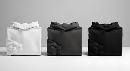 Three folded hoodies displayed in white gray and black colors