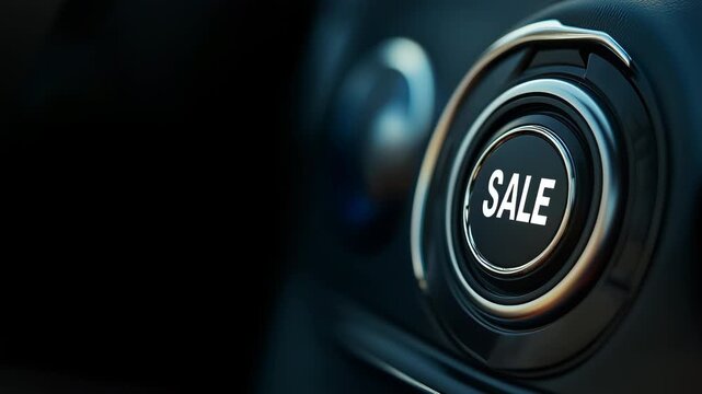 Close-up of a finger pressing the Sale button on a car dashboard. Concept of car sales, leasing and rental.