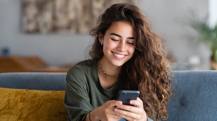 Happy hispanic teen girl holding cell phone using smartphone device at home. Smiling young latin woman blogger subscribing new social media, buying in internet, ordering products online in apps., no 
