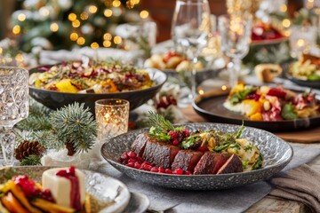 Obraz premium A holiday dinner gathering showcases a stunningly decorated table adorned with seasonal dishes. Festive decor and twinkling lights add warmth to the cheerful atmosphere, creating a memorable feast