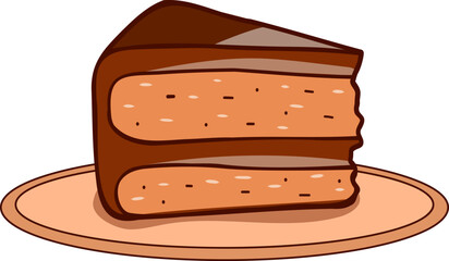 Vector illustration of chocolate cake. Cake slice. Cake on the plate. Bright illustration. Hand drawn in doodle style.