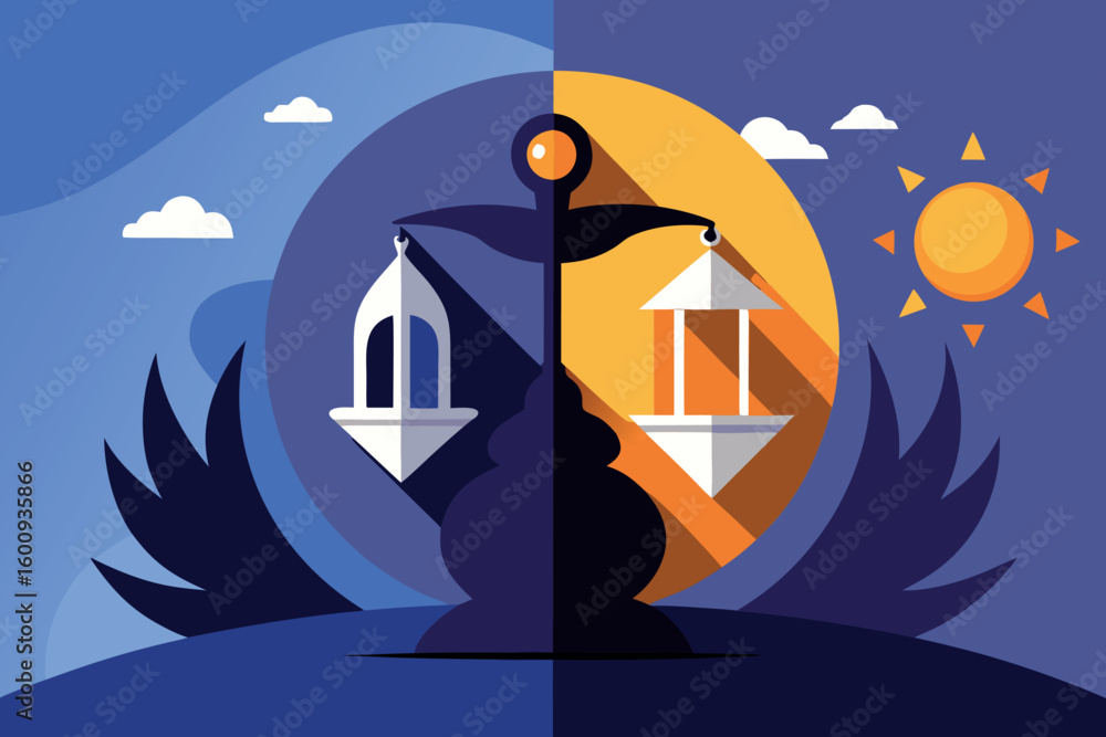 Poster balancing light and dark with symbolic scales depicting day and night in a unified design