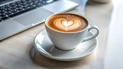 White Cup of Coffee with Heart Latte Art on Clean Workspace