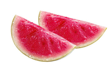 Two watermelon slices, vibrant red flesh, pale interior