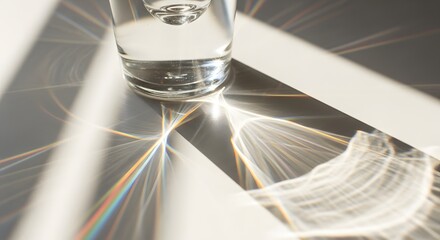 Water glass reflection on surface with rainbow prism effects.