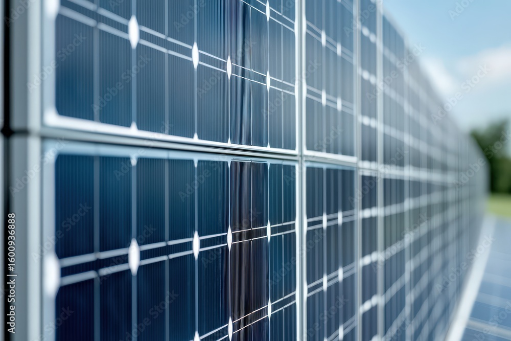 Poster close-up of a solar panel array capturing sunlight for renewable energy generation under a clear sky