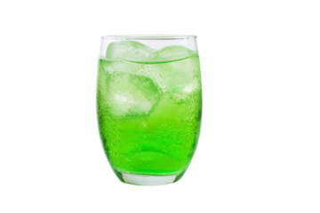 a glass of green liquid with ice cubes