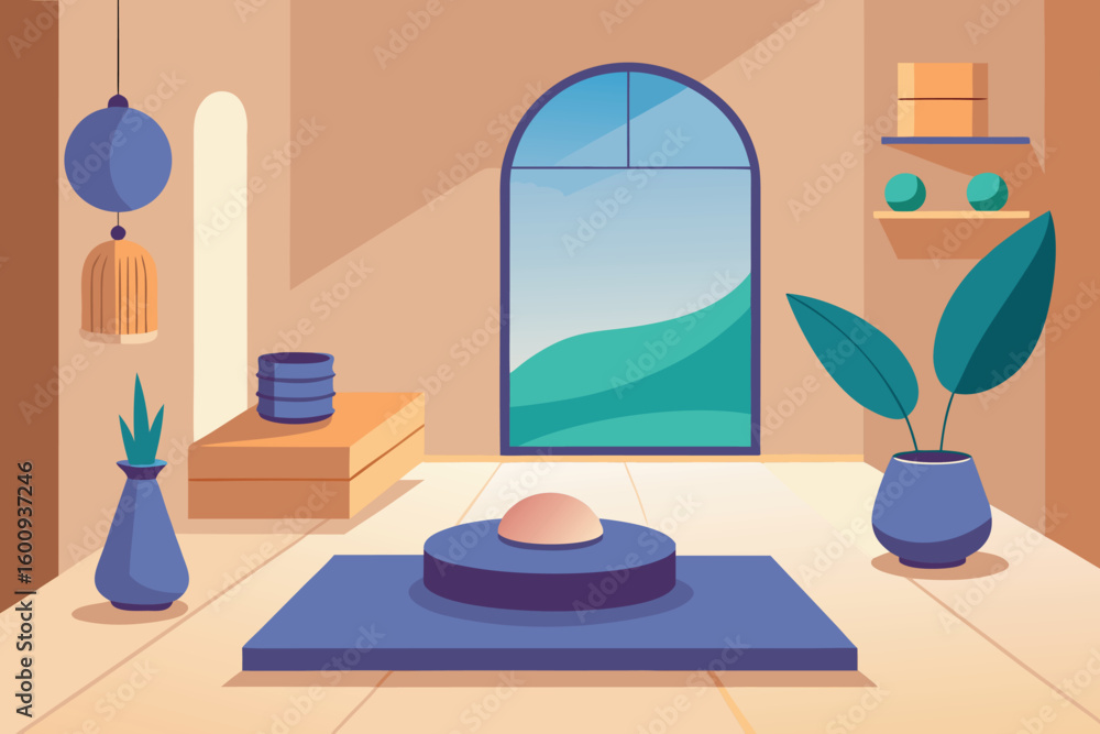 Poster Modern interior design with natural elements in a serene room featuring a large window with scenic views