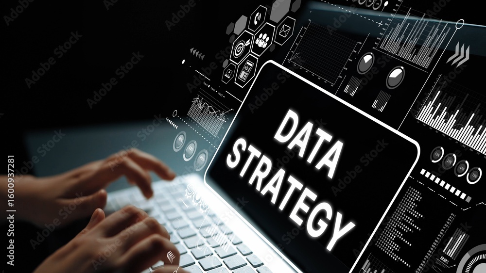 Poster modern data strategy visualization with hands on laptop in dark environment and digital graphics dis