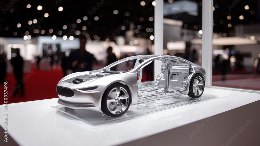 Poster a sleek, futuristic car frame model displayed on a platform at an auto show with blurred background 