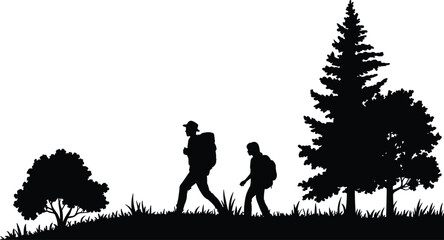 Silhouette of two hikers walking through forest with backpacks, grass and trees, outdoor nature travel vector illustration for adventure themes © Sagor Creatives