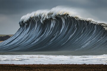 A powerful wave surges toward the shore, demonstrating unrestrained oceanic force. Dark clouds loom overhead, amplifying the dramatic atmosphere of this coastal setting