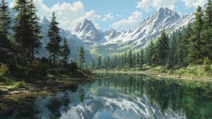 Serene mountain lake reflecting snow-capped peaks and verdant forest landscape