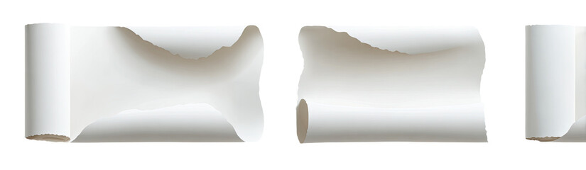 Three rolled, creased, white paper sheets