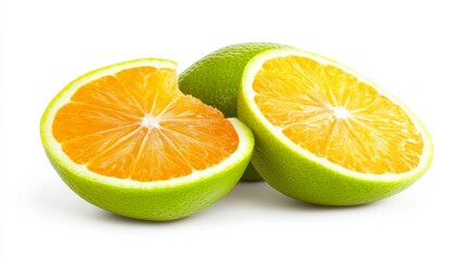Citrus fruits cut open and arranged beautifully on white background