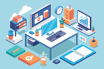 Obraz premium Modern workspace with digital devices and organizational tools in a bright, cheerful environment