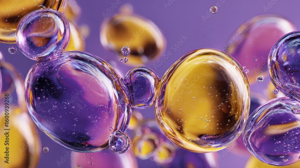 Poster purple and yellow soap bubbles create droplets in paint create an abstract design suitable for a col
