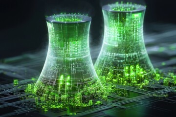 electricity voltage storage Concept. Futuristic cooling towers with glowing green elements and a digital landscape backdrop.