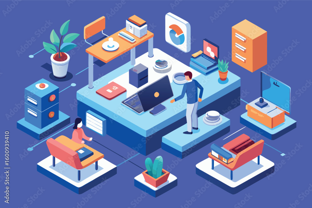 Poster modern office workspace design featuring innovative technology and organized layout in a vibrant col
