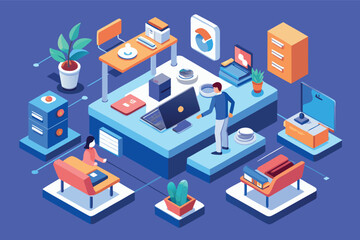 Obraz premium Modern office workspace design featuring innovative technology and organized layout in a vibrant color scheme