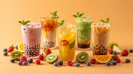 Tropical Bubble Tea Delight: A vibrant arrangement of refreshing bubble tea creations, showcasing colorful beverages with fresh fruit toppings and a summery orange backdrop.