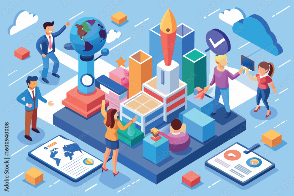 Poster creative teamwork and collaboration in a colorful modern office environment for project development 