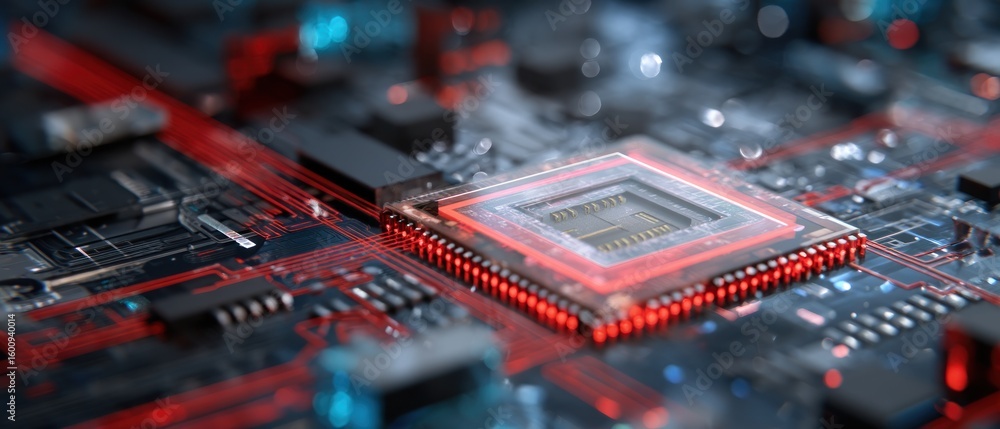 Poster close-up of a modern microchip on circuit board