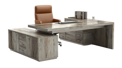 Modern office setup featuring a desk with drawers and a brown leather executive chair for workspace design