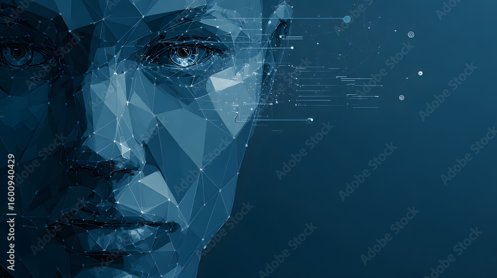 Poster face recognition system concept featuring a low polygon human face scan on a blue template backgroun