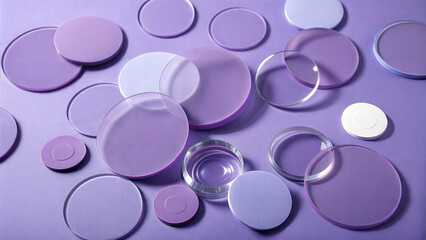 An overhead shot of various sized circular objects on a light purple background with some clear ones too