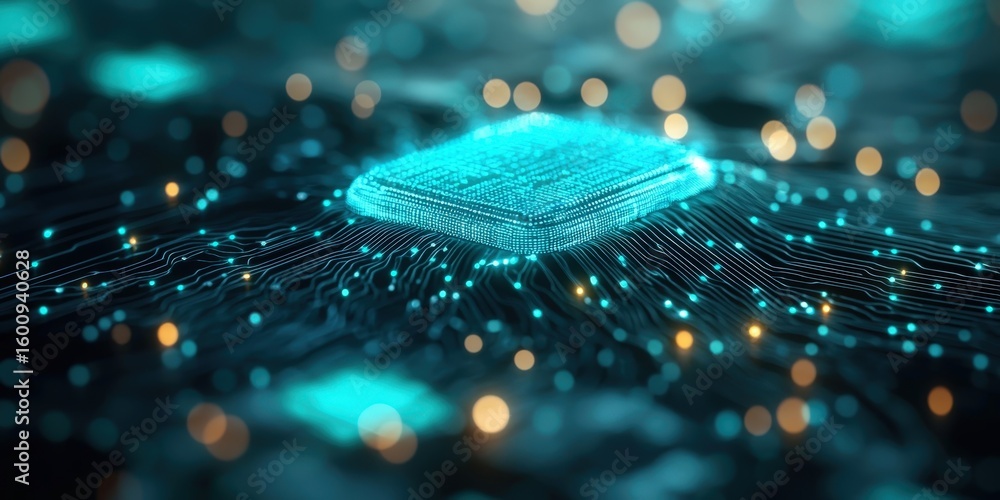 Poster electricity voltage storage concept. abstract digital circuit with glowing lines and particles, show